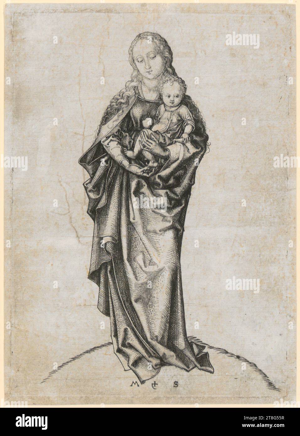 Martin Schongauer (1450 um - 1491), Künstler, stehende Madonna mit dem Apfel, Druckträger: 1470 - 1482, Kupferstich, Bogengröße: 18,2 x 13,1 cm Plattenrand: 17,3 x 12,4 cm, unten mittig monogrammiert 'M + S Stockfoto