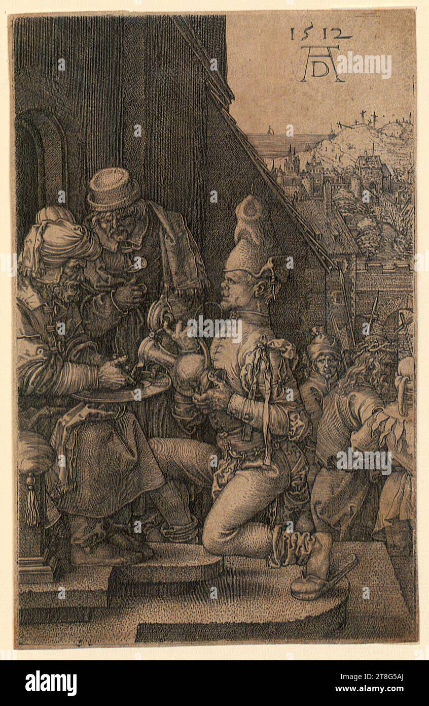 Albrecht Dürer (1471 - 1528), Künstler, Waschen der Hände Pilatus, Blatt 9 der Serie 'Kupferstich-Passion', Druckherkunft: 1512, Kupferstich, Bogengröße: 11,8 x 7,5 cm, oben rechts datiert und monogrammiert '1512, n. Chr Stockfoto
