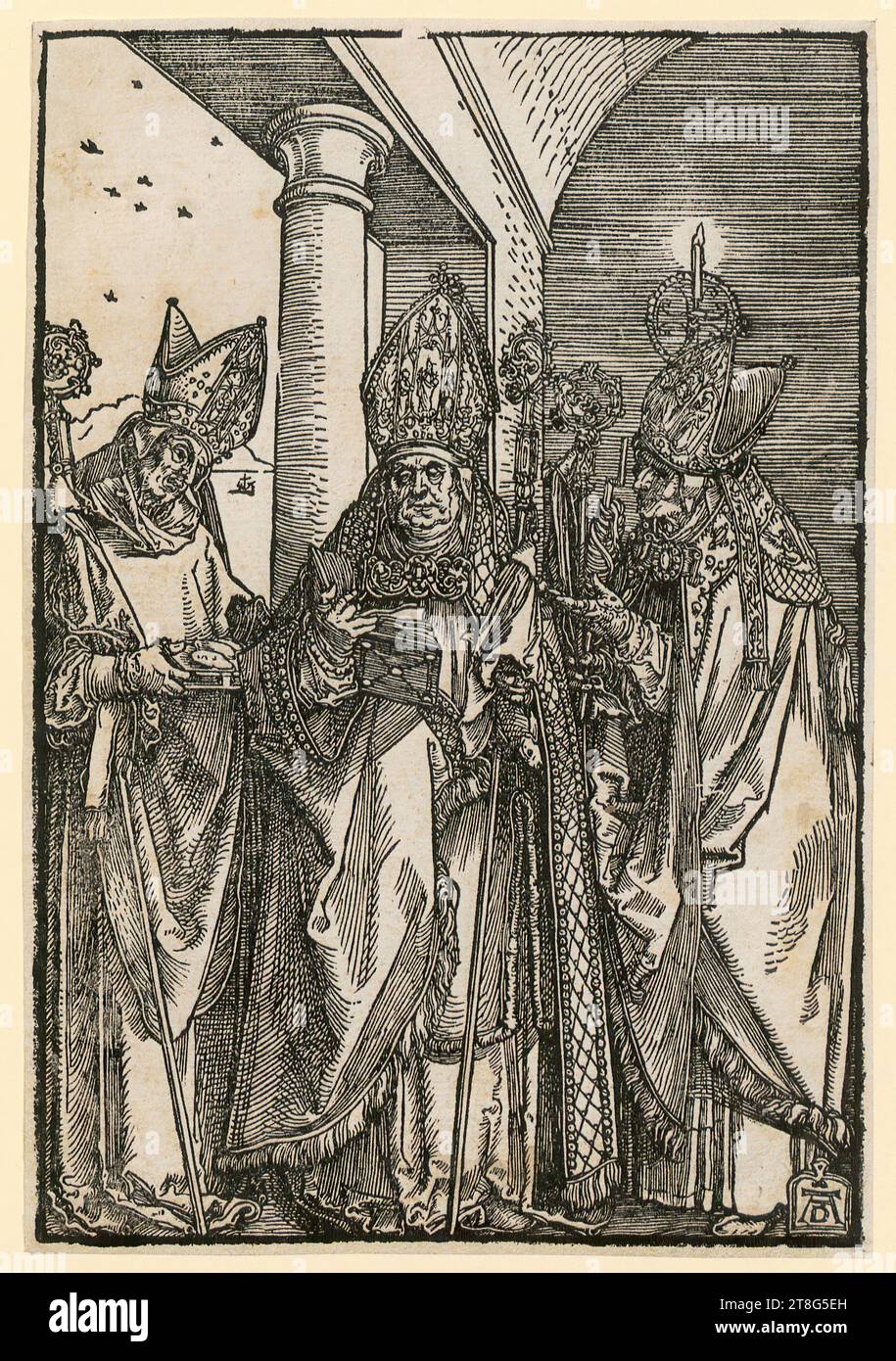 Albrecht Dürer (1471–1528), Künstler, Heilige Bischöfe Nikolaus, Ulrich und Erasmus, Druckmedium: Ca. 1505, Holzschnitt, Bogengröße: 21,7 x 14,9 cm, Monogramm „AD“ auf der unteren rechten Platte Stockfoto