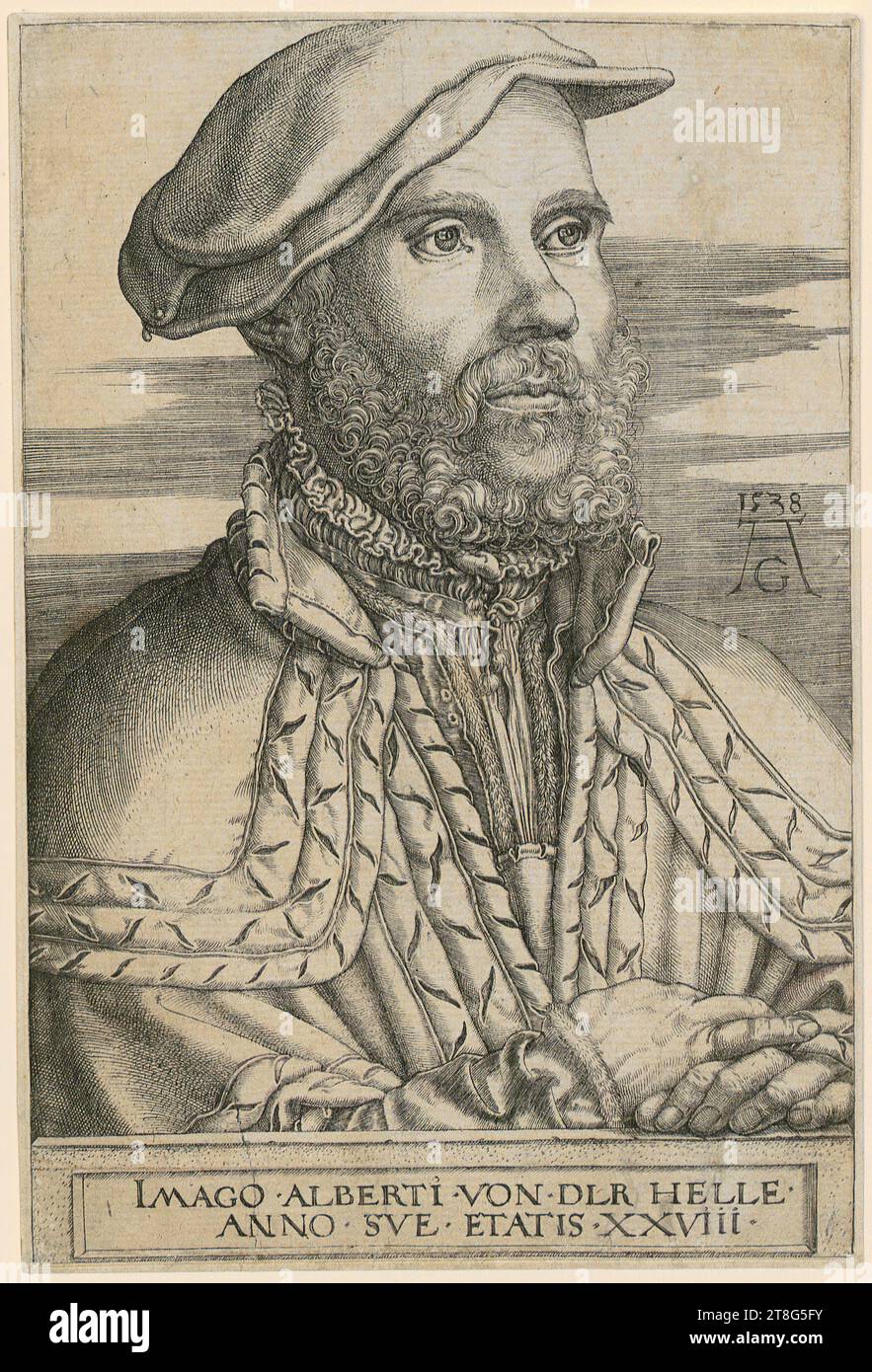 Heinrich Alentfver (1502 - 1555, 1561), Künstler Lukas Cranach (der ältere) (1472 - 1553), Nachher, Porträt von Philipp Melanchthon, Heinrich Alentfver (1502 - 1555, 1561), Künstler, Porträt von Albert van der Helle, Herkunft des Druckmediums: 1538, Kupferstich, Bogengröße: 19. 6 x 13,1 cm, Mitte rechts datiert und mit Monogramm „1538, AG“ versehen und Unterseite der Platte mit der Aufschrift „IMAGO - ALBERTI Stockfoto