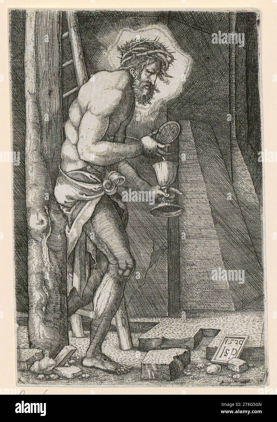 Hans Sebald Beham (1500 - 1550), Künstler, Schmerzensmann am Fuße des Kreuzes, Druckmedium: 1520, Kupferstich, Bogengröße: 13,0 x 8,7 cm, Platte unten rechts datiert und monogrammiert '1520, HSP Stockfoto
