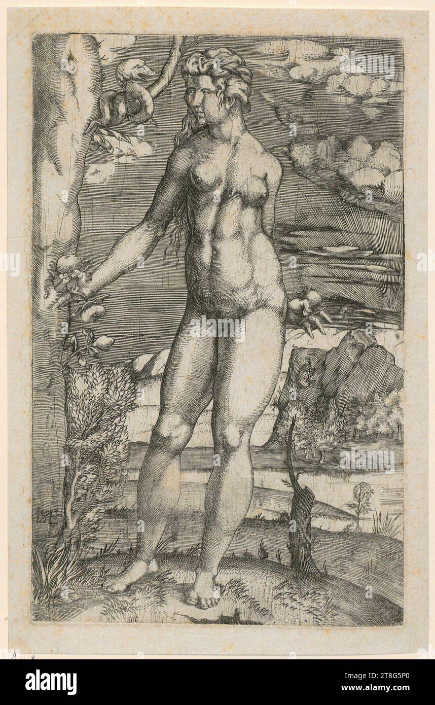 Johann Ladenspelder (1512 - nach 1561), Eva, Druckmedium: 1530 - 1561, Kupferstich, Bogengröße: 21,1 x 13,1 cm Plattenmarke: 18,3 x 11,6 cm, links unten monogrammiert, Händlernotiz mit Graphit '23226, DCZ' auf Verso links unten; schwarz Stockfoto