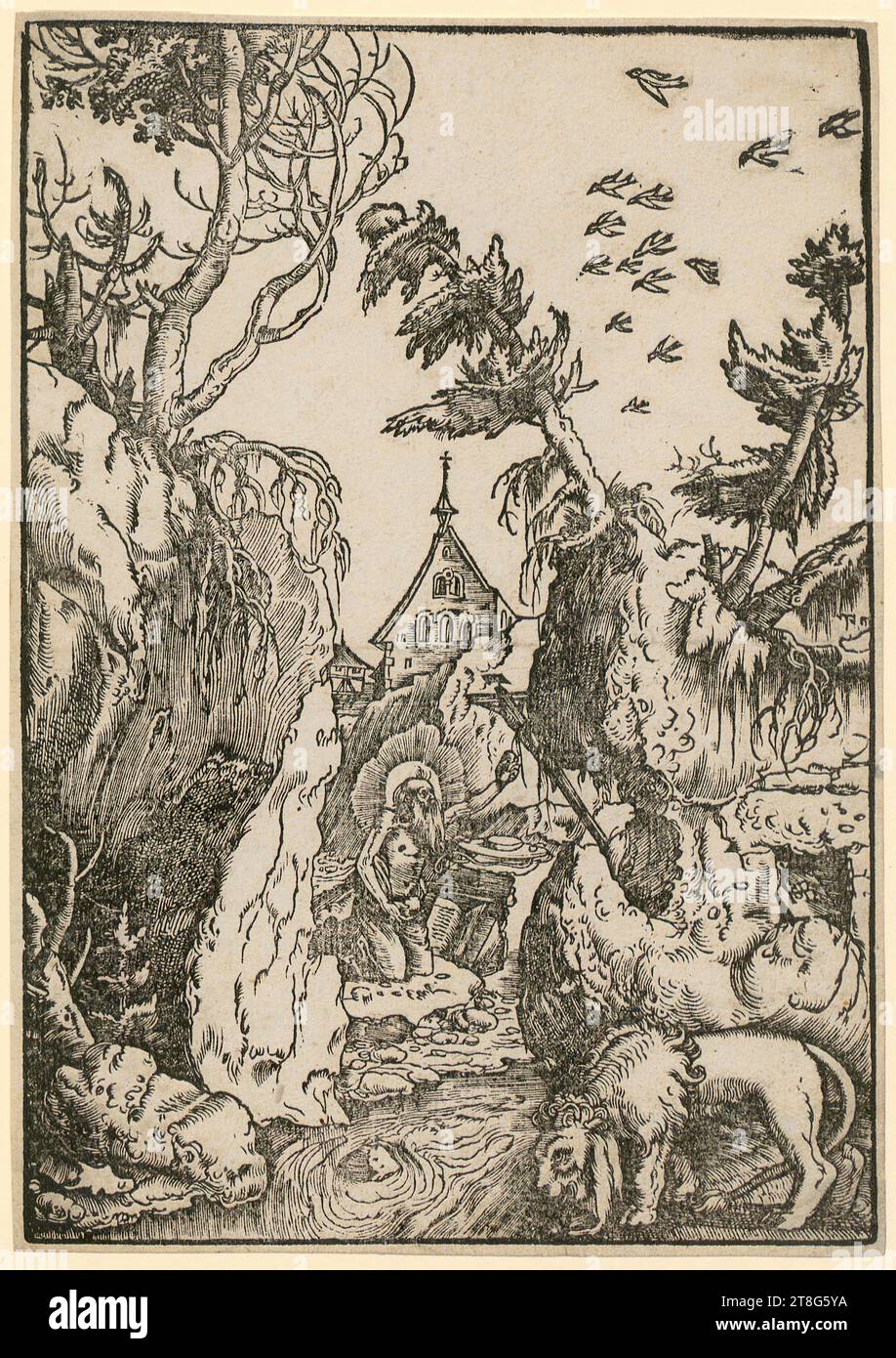 Hans Baldung Grien (1484, 1485 – 1545), St. Jerome als Büsser in einer Schlucht, Druckmedium: Ca. 1511, Holzschnitt, Bogengröße: 22,4 x 15,7 cm, rechts unten auf Platte monogrammiert 'HBG' Stockfoto
