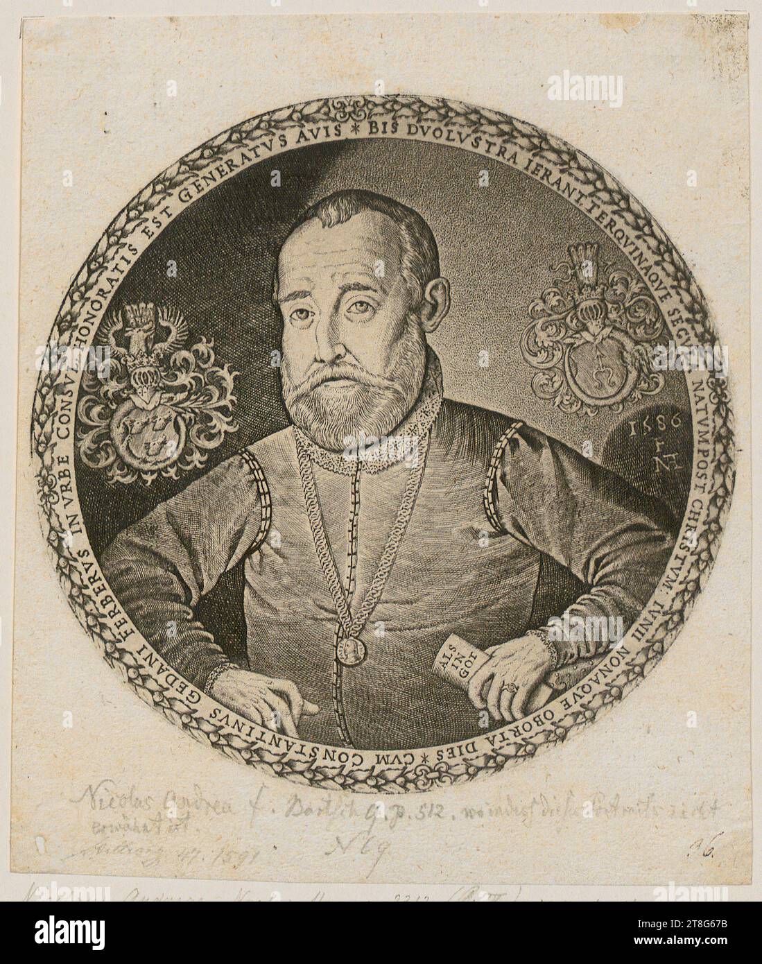 Nicolaus Andreae (1550 v. Chr. - 1606), Porträt von Constantin Ferber, Bürgermeister von Danzig, Druckmedium: c. 1586, Kupferstich und Ätzung (?), Bogengröße: 17,9 x 15,5 cm Durchmesser: 14. 6 cm (Platemark)“, Inschrift um Medaillon 'bis DVUOLVSTRA IERANT TERQVINAQVE SECVLA NATVM POST CHRISTVM IVNII NON, rückseitig datiert und in Stift braun oben links signiert 'CMeister 1862'. (L.1808) Carl Meister Stockfoto