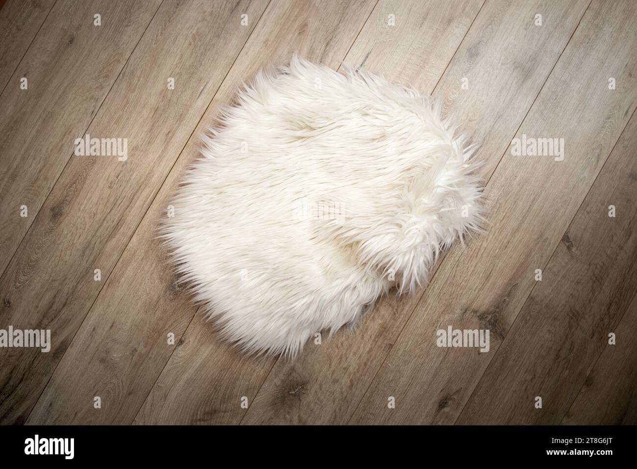 Flauschiges Pelznest auf Hartholzböden mit schwerer Vignette, flach liegender Fotografie für Neugeborene Stockfoto