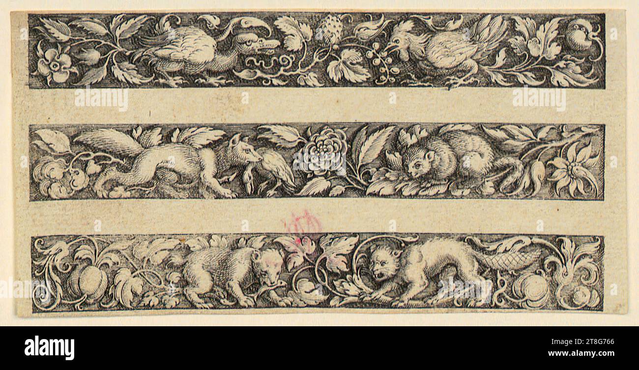 Michel Le Blon (1587 - 1656), drei Friese mit Vögeln, Fuchs und Bibern, Blatt 6 der Serie 'Friese mit Tieren, Vögeln und Insekten', Medium: Ca. 1620 - 1630, Kupferstich, Blattgröße: 5,4 x 11,0 cm (an allen vier Seiten zugeschnitten) Stockfoto