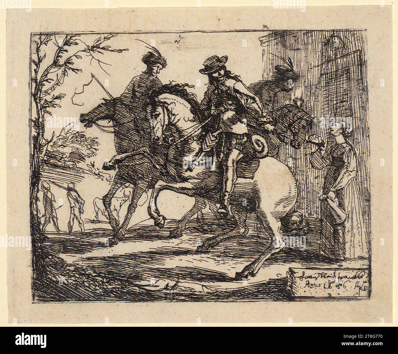 Hans Ulrich Frank (1590, 1595 um - 1675), drei berittene Soldaten vor einer herberge, Blatt aus der Serie '25 Szenen aus dem Leben der Soldaten', Druckmedium: 1656, Ätzung, Bogengröße: 12,2 x 14,9 cm Plattenark: 10,5 x 13,1 cm, oben in der Mitte mit der Aufschrift 'n' und rechts unten signiert und datiert auf dem Schild 'Hanns Ulrich Franckh, an Stockfoto