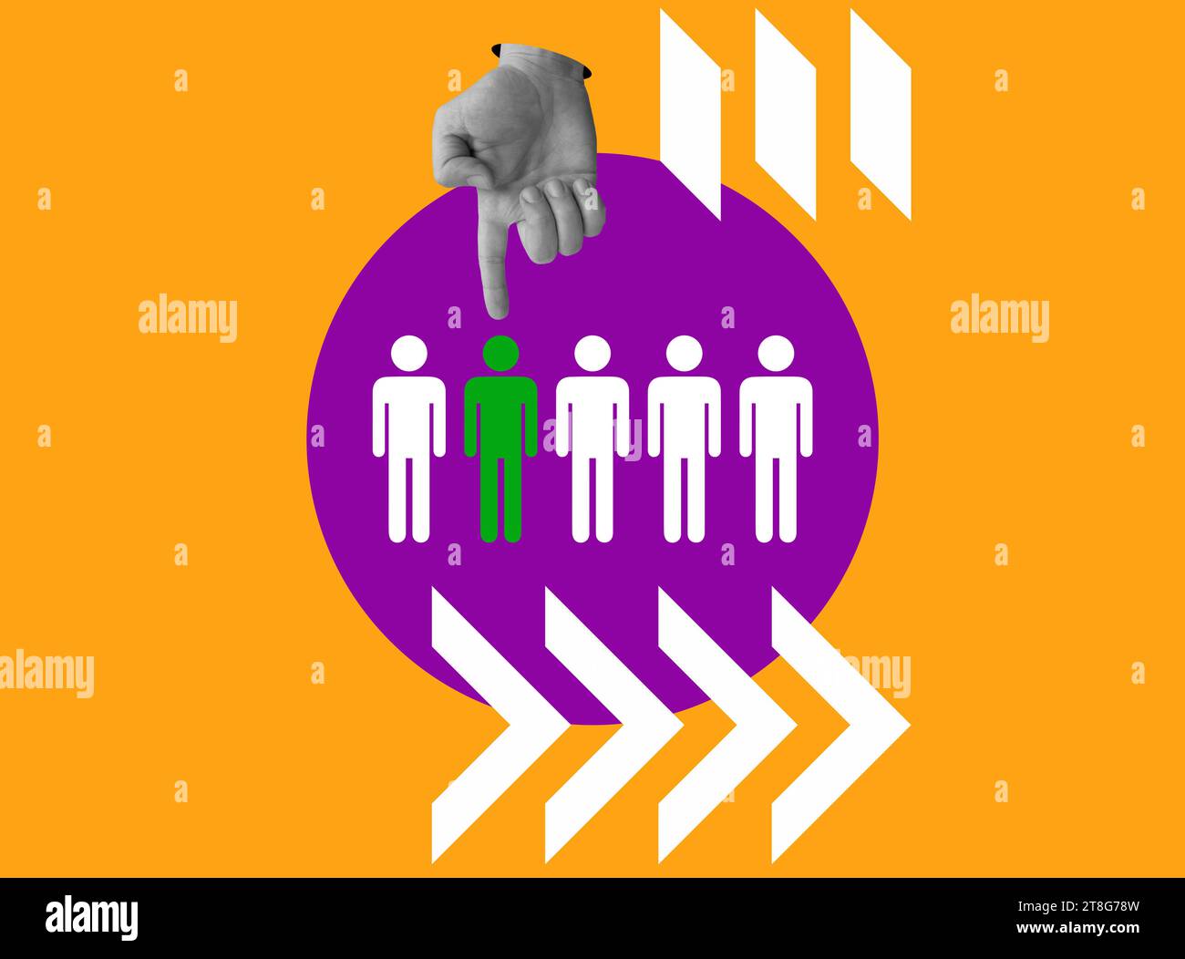 Collage mit einer Hand, die auf eine Figur zeigt. Humanressourcen und Arbeitsmarkt. Mitarbeiter auswählen und rekrutieren. Stockfoto