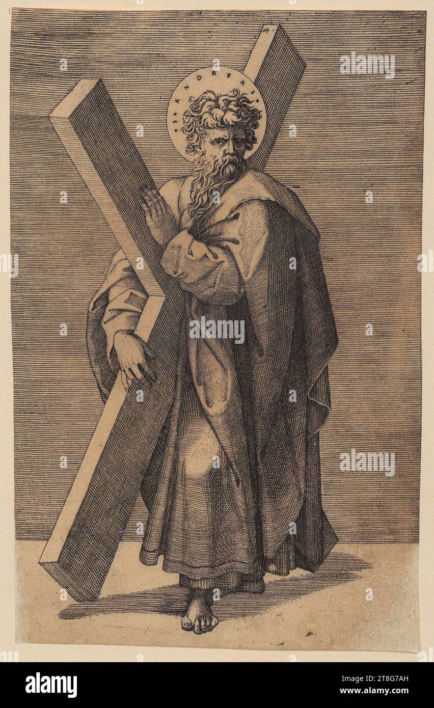Marcantonio Raimondi (1470, 1482 c. - ca. 1527, 1534), Künstler Agostino dei Musi (Gen. Agostino Veneziano) (1490 um - nach 1536), Zusammenarbeit, vermutete Raphael (1483 - 1520), danach David und Goliath, Marcantonio Raimondi (1470, 1482 um - um 1527, 1534), Künstler Marco Dente (1486, 1500 - 1527), Kopie nach Raphael (1483–1520), nach Andreas, Blatt 3 der Serie „Christus und die zwölf Apostel“, Herkunft des Druckmediums: um 1520, Kupferstich, Bogengröße: 20. 3 x 13,1 cm, oben in der Mitte mit der Inschrift Areole '.S. ANDREAS Stockfoto