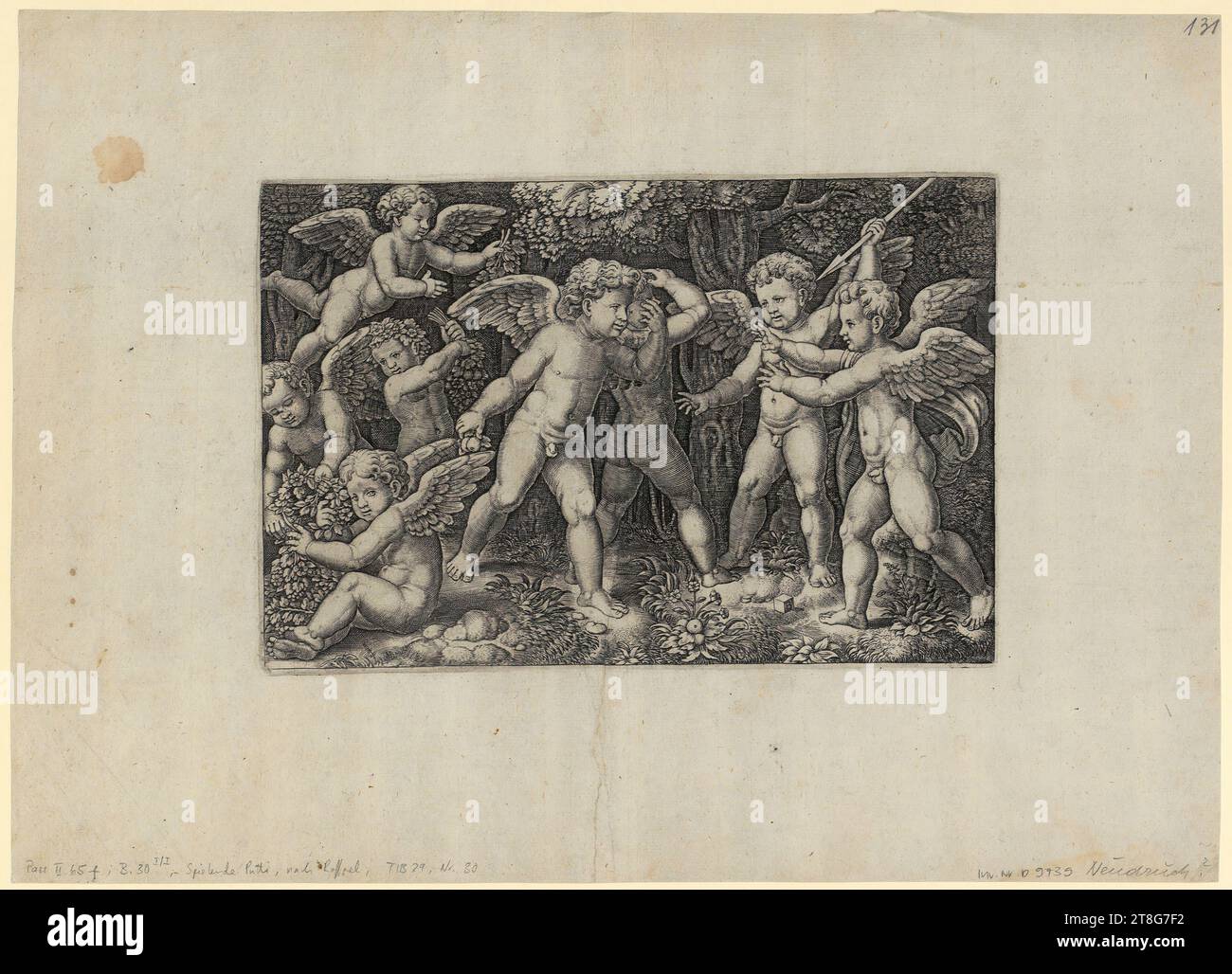 Albrecht Dürer (1471 - 1528), Künstler, Fortuna, Anonym (Datierung unbekannt), Künstler:in Albrecht Dürer (1471 - 1528), Kopie nach Fortuna, Meister mit dem Würfel (1532, 1533 erwähnt), Künstler Raphael (1483 - 1520), danach, Putti spielend, Herkunft des Druckmediums: 1530 - 1560, Kupferstich, doppelt, Blattgröße: 33. 0 x 45,9 cm Plattenmarke: 18,8 x 28,0 cm, rechts unten auf die Matrize monogrammiert 'B', rückwärts Bildmitte violett Stempel 'KUNSTGESCHICHTLICHER APPARAT DER HOCHSCHULE ZÜRICH Stockfoto