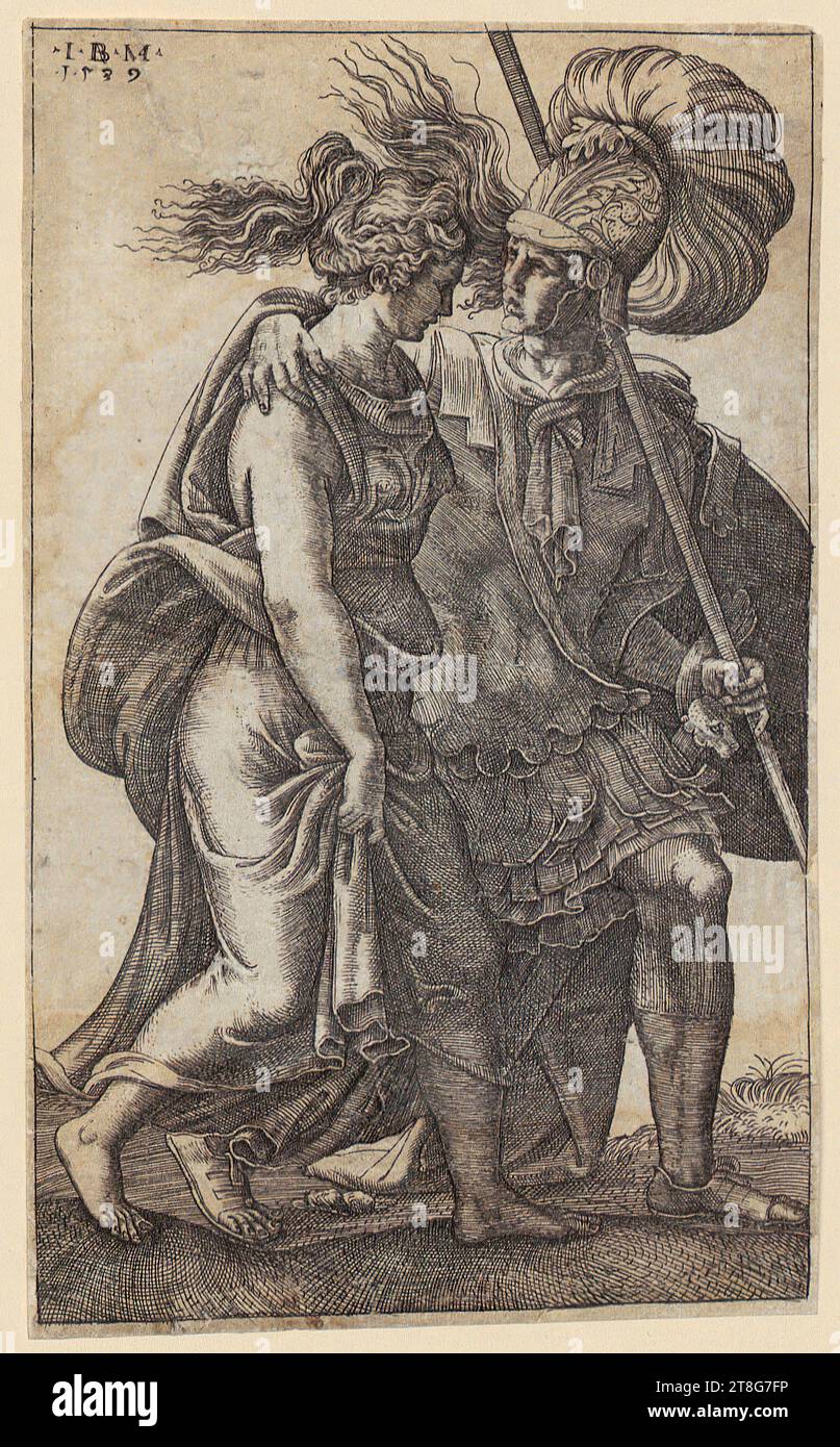 Giovanni Battista Scultori (1503 - 1575)Giulio Romano (1492 - 1546), nach, Krieger umarmen eine Frau, Druckmedium Schöpfung: 1539, Kupferstich, Bogengröße: 15,6 x 9,5 cm, oben links monogrammiert und datiert 'IBM, 1539 Stockfoto