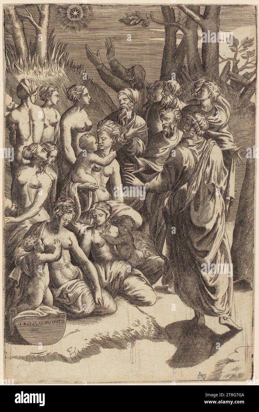 Albrecht Dürer (1471–1528), Künstler, Cook und seine Frau, Anonym (Datierung unbekannt), Kupferstecher Albrecht Dürer (1471–1528), Kopie nach Cook und seiner Frau Peter Maes (1560 um–1591), Kupferstecher, Albrecht Dürer (1471–1528), Kopie nach Koch und seiner Frau Giulio Bonasone (1510 um - um 1576), Künstler, Allegorie der Astrologie, Herkunft des Druckmediums: 1546 - 1547, Kupferstich und Ätzung, Bogengröße: 23,0 x 15,0 cm, links unten signiert auf Wiege 'I. BONASO IVINTOR', Recto rechts unten schwarz Stempel 'S R Stockfoto