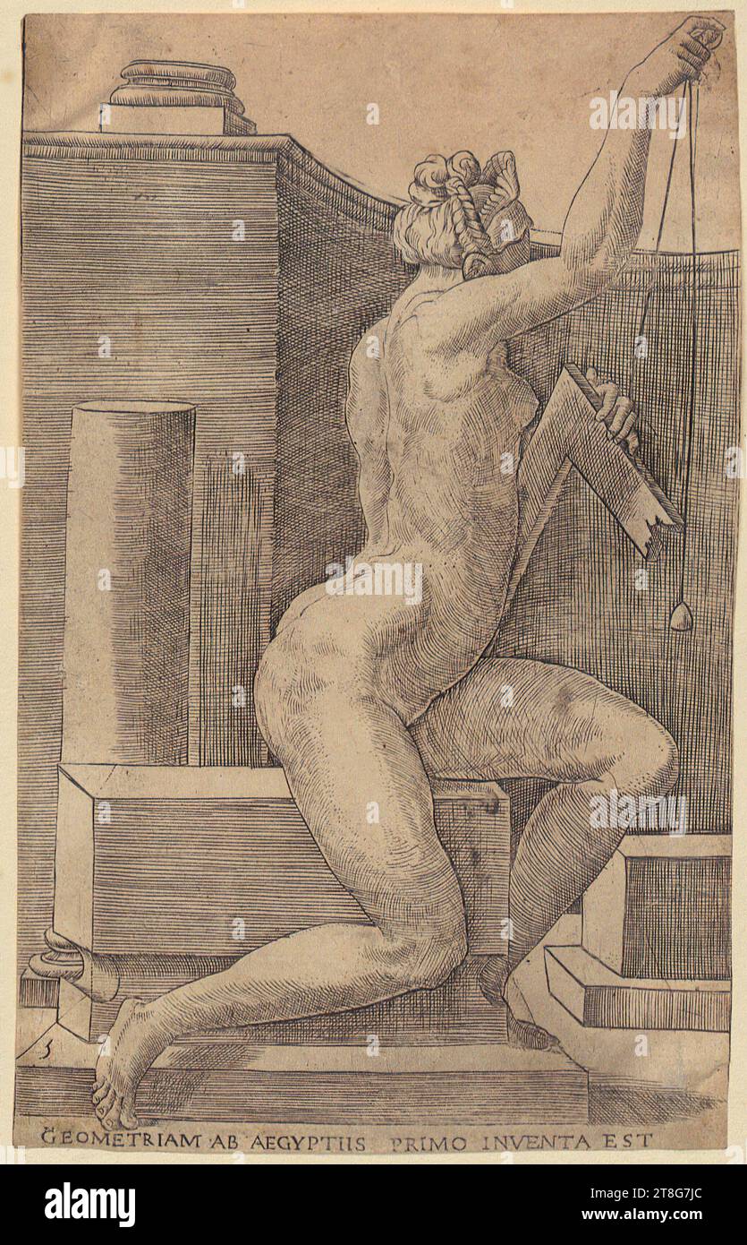 Monogramist B Nagler I 1564 (1544 erwähnt bei), Künstler, Geometrie, Blatt 5 der Serie „die sieben freien Künste“, Herkunft des Druckmediums: Um 1544, Kupferstich, Bogengröße: 16,6 x 10,4 cm, unten links nummeriert „5“ und unten in der Mitte mit der Aufschrift „GEOMETRIAM ab AEGYPTIIS PRIMO INVENTA EST Stockfoto