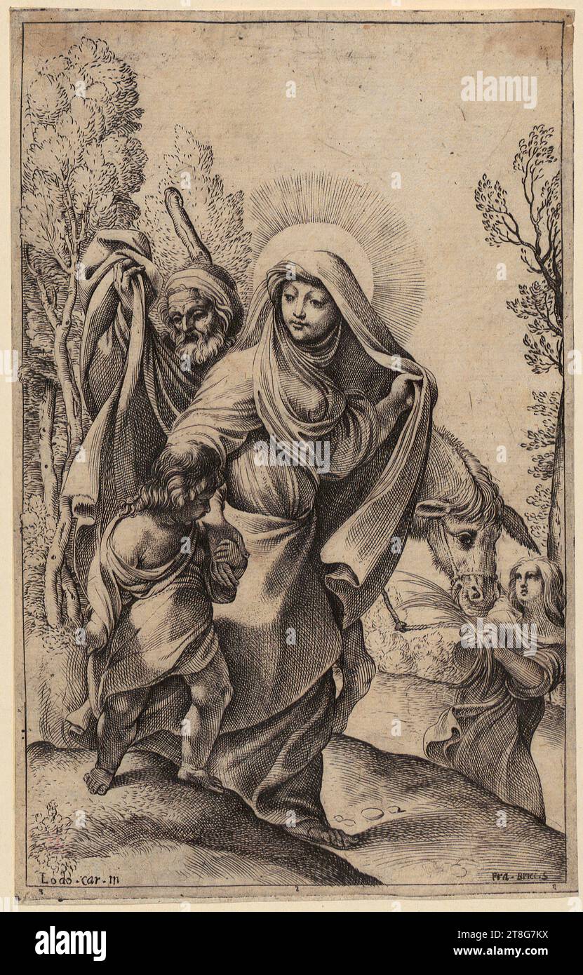 Francesco Brizio (1574 um - 1623)Ludovico Carracci (1555 - 1619), nach Pietro Stefanoni (1627 erwähnt um), Herausgeber, Rückkehr vom Flug nach Ägypten, Herkunft des Druckmediums: 1595 - 1623, Kupferstich, Bogengröße: 22,0 x 13,9 cm, unten links mit der Aufschrift 'Lodo'. Auto. In', rechts unten signiert „Fra. Brici. S' und unten auf Platten Stockfoto