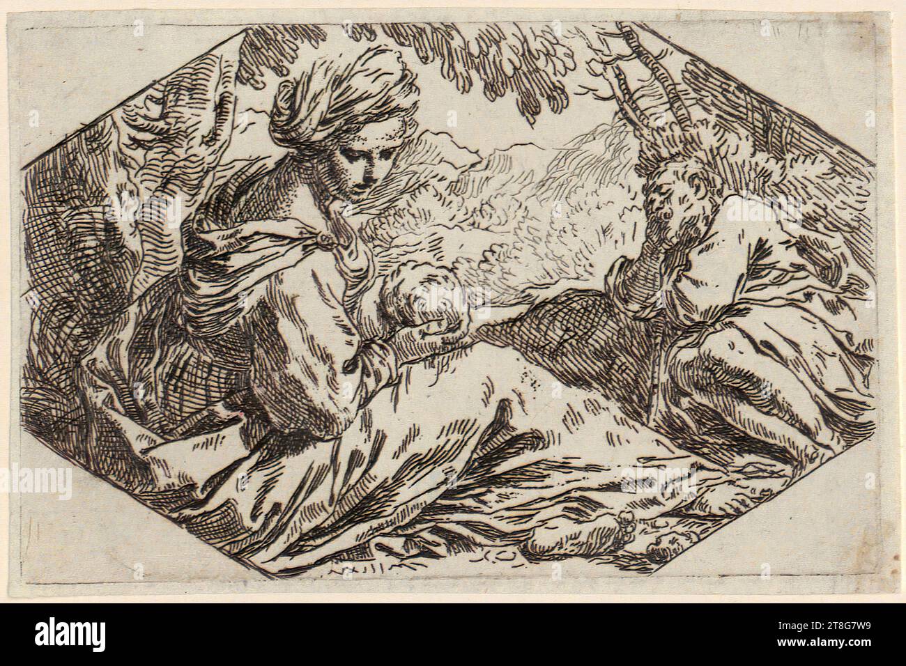 Simone Cantarini (1612 - 1648), Rest on the Flight to Egypt, Druckmedium: 1630 - 1648, Ätzung, Bogengröße: 8,5 x 13,1 cm, rückseitig unten in der Mitte schwarz Stockfoto