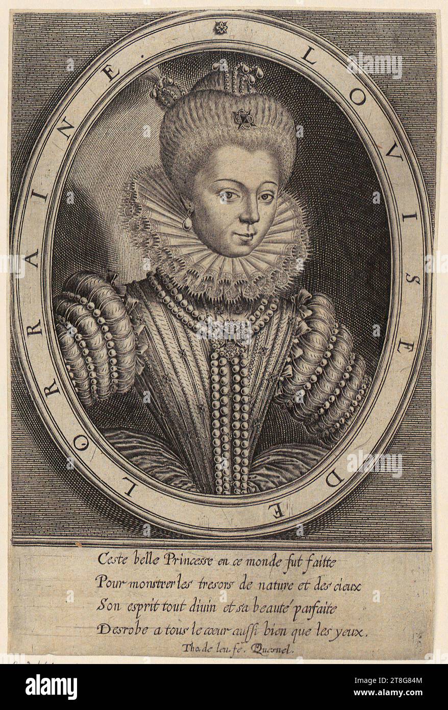 Thomas de Leu (1555 v. Chr. - 1612)Francois Quesnel (der ältere) (1543 - 1619), nachher, Porträt von Louise de Lorraine, Herkunft des Drucks: 1595 - 1604, Kupferstich, Bogengröße: 16,2 x 10,6 cm (mit Hinzufügungen)" mit Inschrift um Medaillon "LOVISE DE LORRAINE."; unter der Inschrift 'Ceste Bellle Princesse enc e, Verso Center Dealer's Note in Graphit '24763, DC Stockfoto
