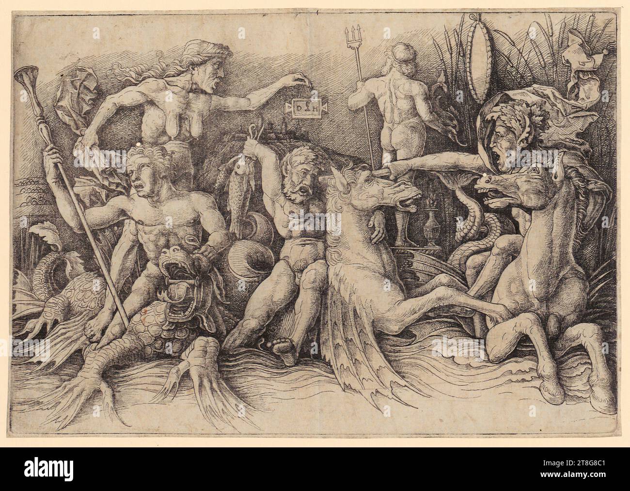 Daniel Hopfer (1470–1536)Andrea Mantegna (1430–1506), Kopie nachher, Schlacht der Meeresgötter I, Druckdatum: 1505–1536, Eisenätzung, Bogengröße: 15,8 x 22,7 cm, oben mittig monogrammiert 'DH' auf Platte zwischen Hopfendolden Stockfoto