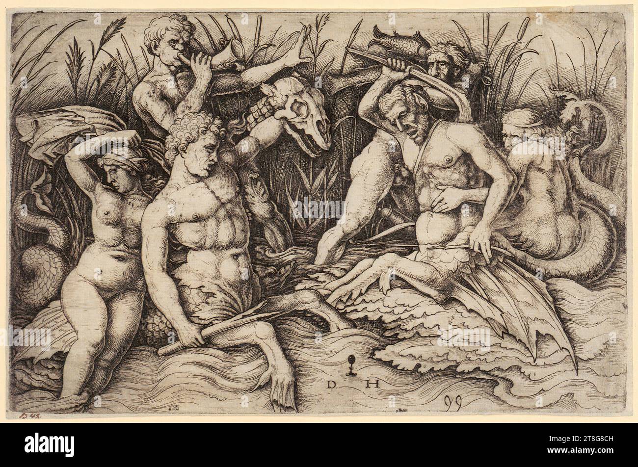 Daniel Hopfer (1470–1536)Andrea Mantegna (1430–1506), Kopie nach David Funck (1642–1709), Herausgeber, Schlacht der Meeresgötter II, Blatt aus der Oper Hopferiana ..., Herkunft des Druckmediums: 1505–1536, Eisenätzung, Bogengröße: 15,5 x 23,6 cm, unten Mitte Monogramm „DH“ unter Hopfenumbel, unten rechts Funck Nr. "99 Stockfoto