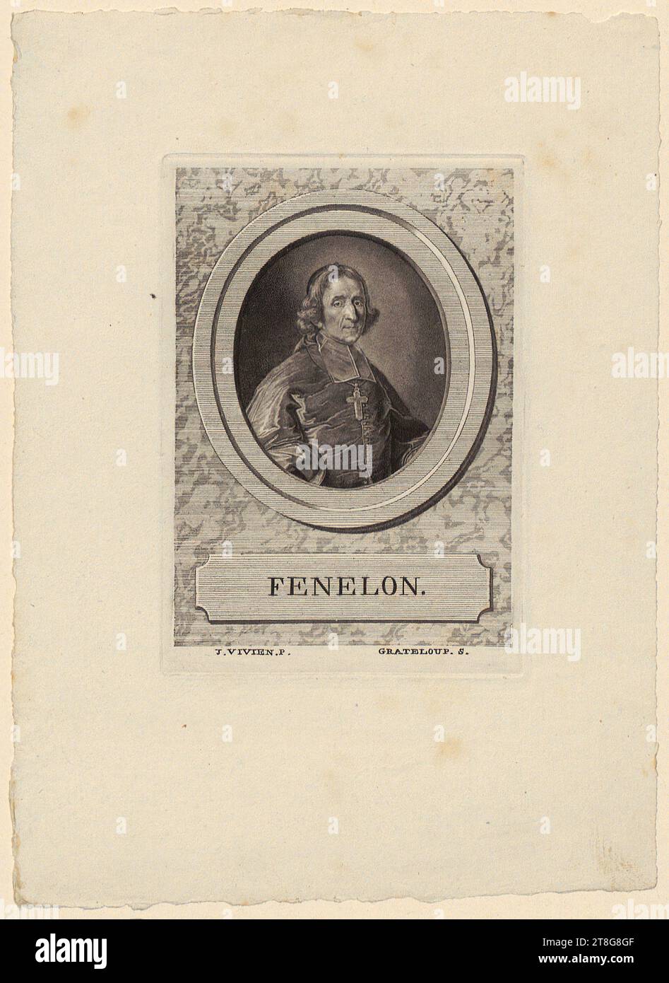 Jean-Baptiste de Grateloup (1735 - 1817)Joseph Vivien (1657 - 1734), Porträt von Francois de Salignac de La Mothe-Fénelon, Herkunft des Druckmediums: 1767, Mischtechnik (Ätzen, Mezzotint und Trockenpunkt) ?, Bogengröße: Ca. 18,2 x 13,1 cm Plattenrand: 10,7 x 7,3 cm, unten in Kartusche „FENELON.“, unten links mit „J.VIVIEN. P.“ und unten rechts sig Stockfoto