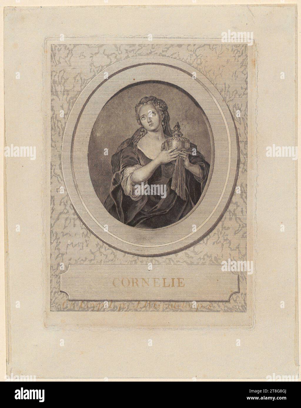 Jean-Baptiste de Grateloup (1735 - 1817), Porträt von Adrienne Lecouvreur als "Cornélie" in Corneilles Tragödie "La Mort de Pompée", Akt 5, Szene 1, Druckmedium Schaffung: 1767 - 1768, gemischte Medien (Ätzung, Mezzotint und Trockenpunkt), Blattgröße: 16. 3 x 12,7 cm Plattenrand: 12,8 x 9,2 cm, unten in der Mitte Kartusche in Stift braun 'CORNELIE' und unten in Stift braun 'CH. Coypel P. J.B.Grateloup s Stockfoto
