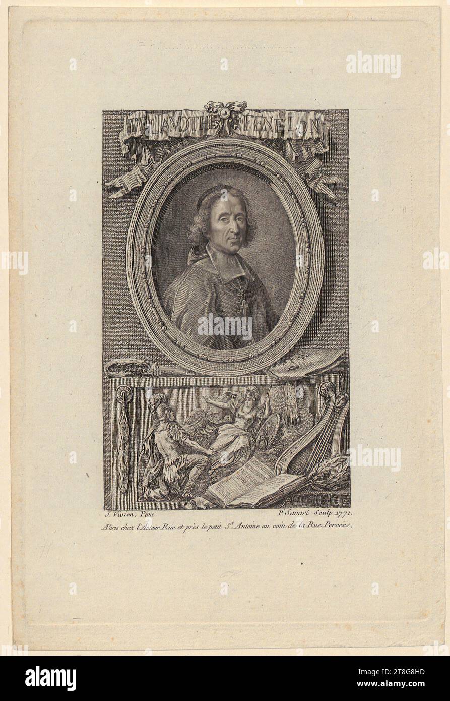 Pierre Savart (1737 - 1780)Joseph Vivien (1657 - 1734), danach, Porträt des Francois Fénelon Francois de Salignac de La Mothe-Fénelon, Druckmedium Schöpfung: 1771, Ätzung, Kupferstich und Mezzotint ?, Bogengröße: 19,5 x 13,1 cm Plattenmarke: 18,4 x 11,3 cm, oben mittig auf Aufhängen mit der Aufschrift "DE LA MOTHE FENELON"; unten links steht "J. Vivien". Pinx'; un Stockfoto
