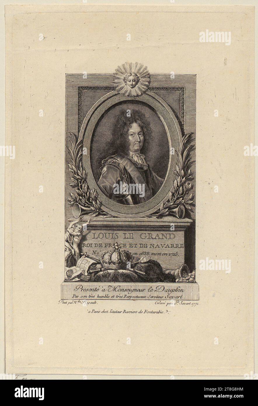 Pierre Savart (1737 - 1780)Hyacinthe Rigaud (1659 - 1743), danach, Porträt Louis XIV. Louis le Grand, Druckmedium Schöpfung: 1771, Radierung und Gravur, Bogengröße: 20,2 x 13,7 cm Plattenrand: 19,4 x 12. 9 cm, unten Mitte auf Basis mit der Inschrift „LOUIS LE GRAND, ROI DE FRANCE ET DE NAVARRE, Né en 1638 mort, rückseitig unten links blau Stockfoto