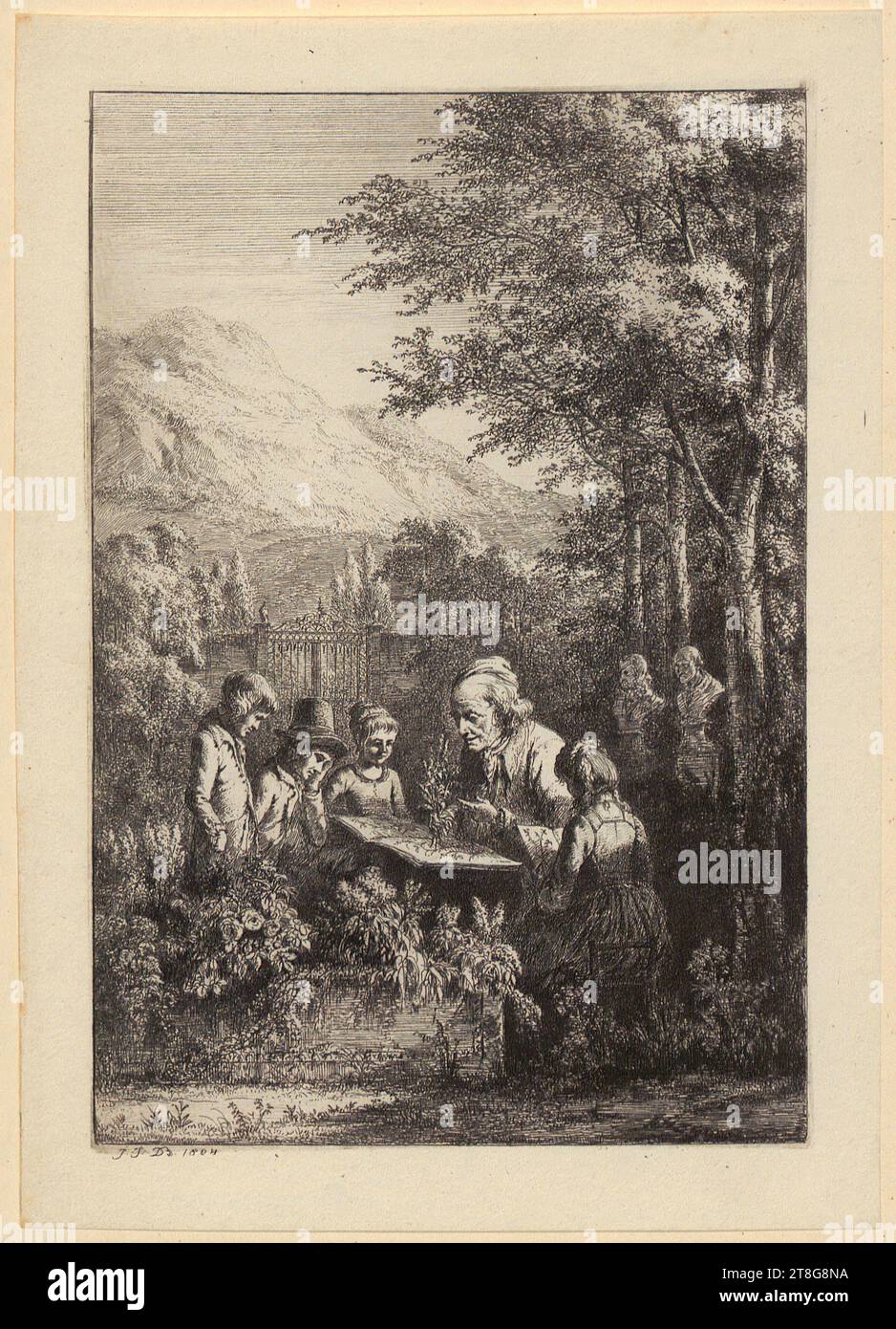 Jean Jacques de Boissieu (1736 - 1810), Künstler, Haus des Schmieds in der Terrebasse, Jean Jacques de Boissieu (1736 - 1810), Künstler Johann Friedrich Frauenholz (1758 - 1822), Herausgeber, Haus des Schmieds in der Terrebasse, Jean Jacques de Boissieu (1736 - 1810), Künstler Johann Friedrich Frauenholz (1758 - 1822), Herausgeber, Haus des Schmieds bei Terrebasse, Jean Jacques de Boissieu (1736–1810), Botanik-Unterricht im Freien, Herkunft des Druckträgers: 1804, Ätzung und Trockenspitze, Bogengröße: 18. 5 x 13,1 cm Plattenrand: 16,3 x 11,0 cm Stockfoto