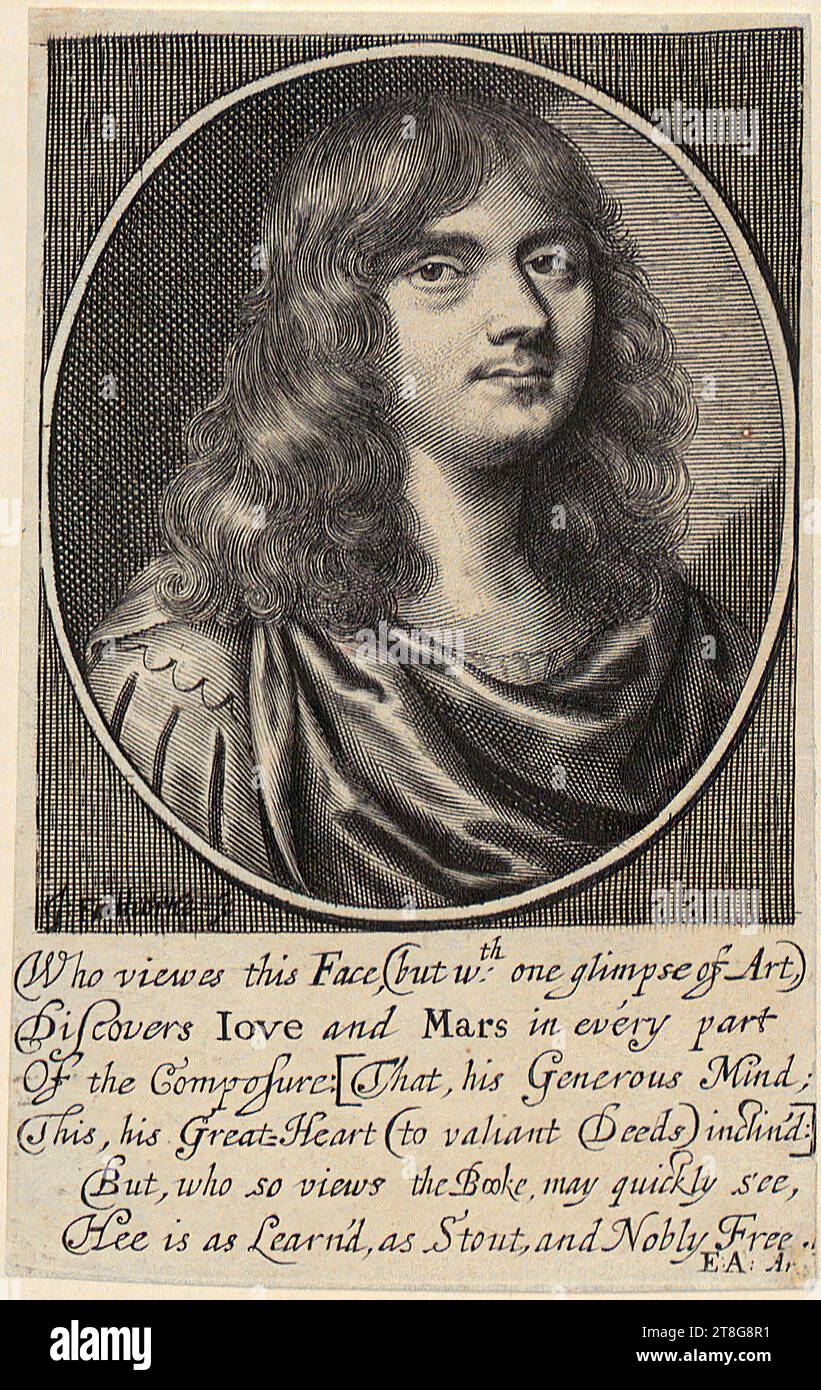 William Faithorne (der ältere) (1616 um - 1691), Porträt von George Wharton, Druckdatum: Ca. 1640 - 1660, Kupferstich, Blattgröße: 11,7 x 7,4 cm, signiert unten links 'G. Faithorne sc' und unter Bildfeld 'Wer sieht dieses Gesicht, (aber, Verso unten links Händlernotiz mit Graphit '25885, C Stockfoto