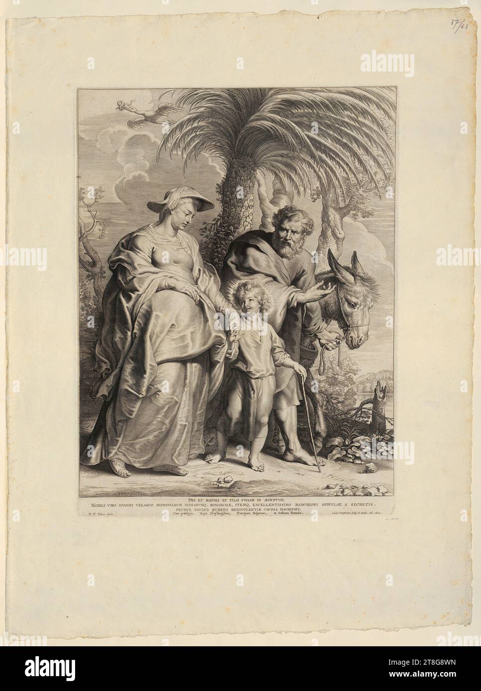 Lucas Vorsterman (der ältere) (1595 - 1675)Peter Paul Rubens (1577 - 1640), nach der Rückkehr der Heiligen Familie aus Ägypten, Druckdatum: 1620, Kupferstich, Blattgröße: Ca. 60,8 x 45,5 cm Plattenmarke: 42,2 x 31,1 cm, unten 'DEI ET MATRIS ET FILII FVGAM IN ÆGYPTVM., NOBILI VIRO IOANNI VELASCO HISPANIARVM Stockfoto