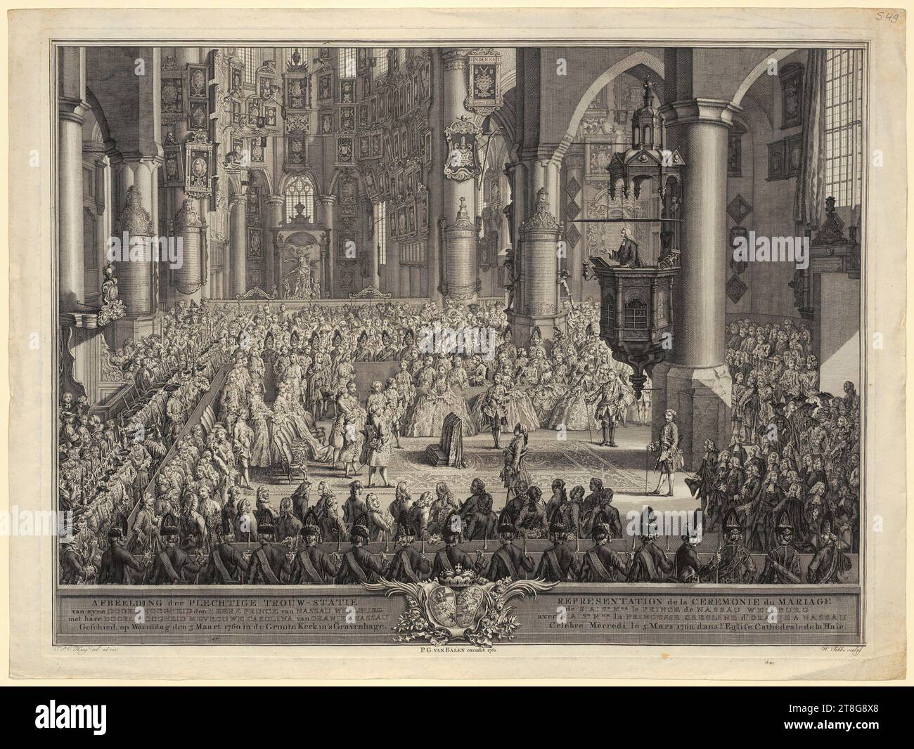 Simon Fokke (1712 - 1784)Tethard Philipp Christian Haag (1737 - 1812), nach Pieter Gerard van Balen (erwähnt 1747, 1779), Herausgeber, Hochzeit von Prinz Karl Christian von Nassau-Weilburg mit Prinzessin Karoline von Oranien-Nassau-Diez, Herkunft des Druckmediums: 1761, Radierung und Gravur, Bogengröße: 45. 3 x 60,5 cm, darunter zwei Spalten mit jeweils vier Textzeilen „AFBEELDING der PLECHTIGE TROUW-STATIE ... REPRESENTATI Stockfoto