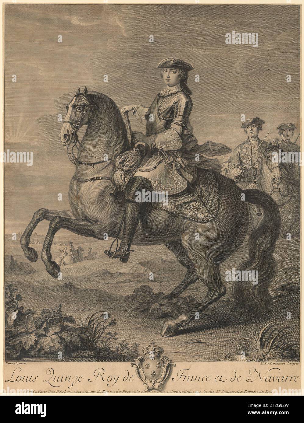 Nicolas de Larmessin III (1684 - 1755), Künstler Charles Parrocel (1688 - 1752), Nachher, Porträt Ludwigs XV. Zu Pferd Ludwig XV., König von Frankreich und Navarra, Herkunft des Druckmediums: Ca. 1720 - 1755, Kupferstich und -Ätzung, doppelt vervielfältigt, Bogengröße: 51,0 x 38,9 cm (unten geschnitten)“ unten links mit der Aufschrift „Parrocel pinxit.“, unten rechts signiert „N. de Larmessin Sculpsit.“ Stockfoto