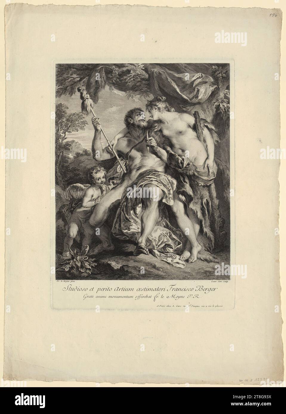 Francois Lemoyne (1688 - 1737), nach Laurent Cars (1699 - 1771), Ausführung, Redakteur, Hercules und Omphale, Druckmedium Erstellung: Ca. 1714 - 1771, Ätzung und Gravur, Bogengröße: 57,9 x 43,1 cm Plattenmarke: 38,5 x 28,1 cm, unten links 'FR. le Moyne pinx.'; signiert unten rechts 'Laur. Cars sculp.'; unter der Mitte Stockfoto