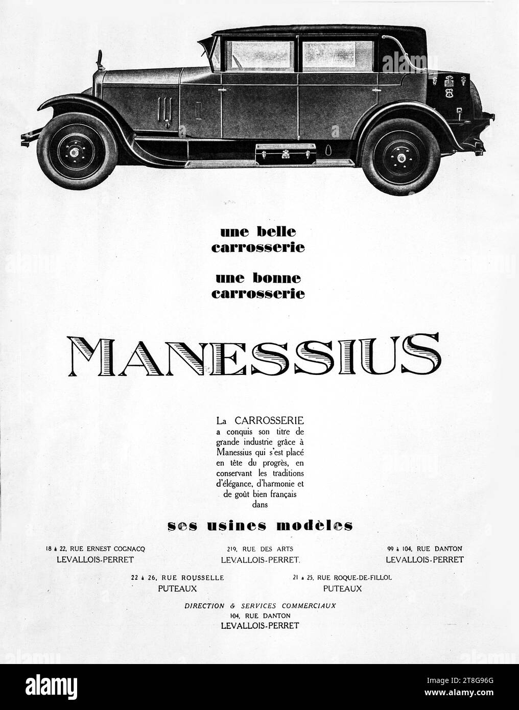 1920er Jahre Oldtimer-Werbung für Manessius-Autos mit eleganter Typografie. Stockfoto