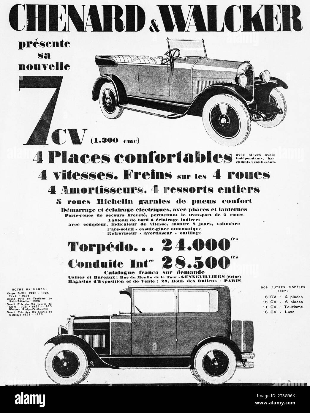 Werbung für Oldtimer aus den 1920er Jahren für Chenard & Walcker 7 CV Car. Stockfoto