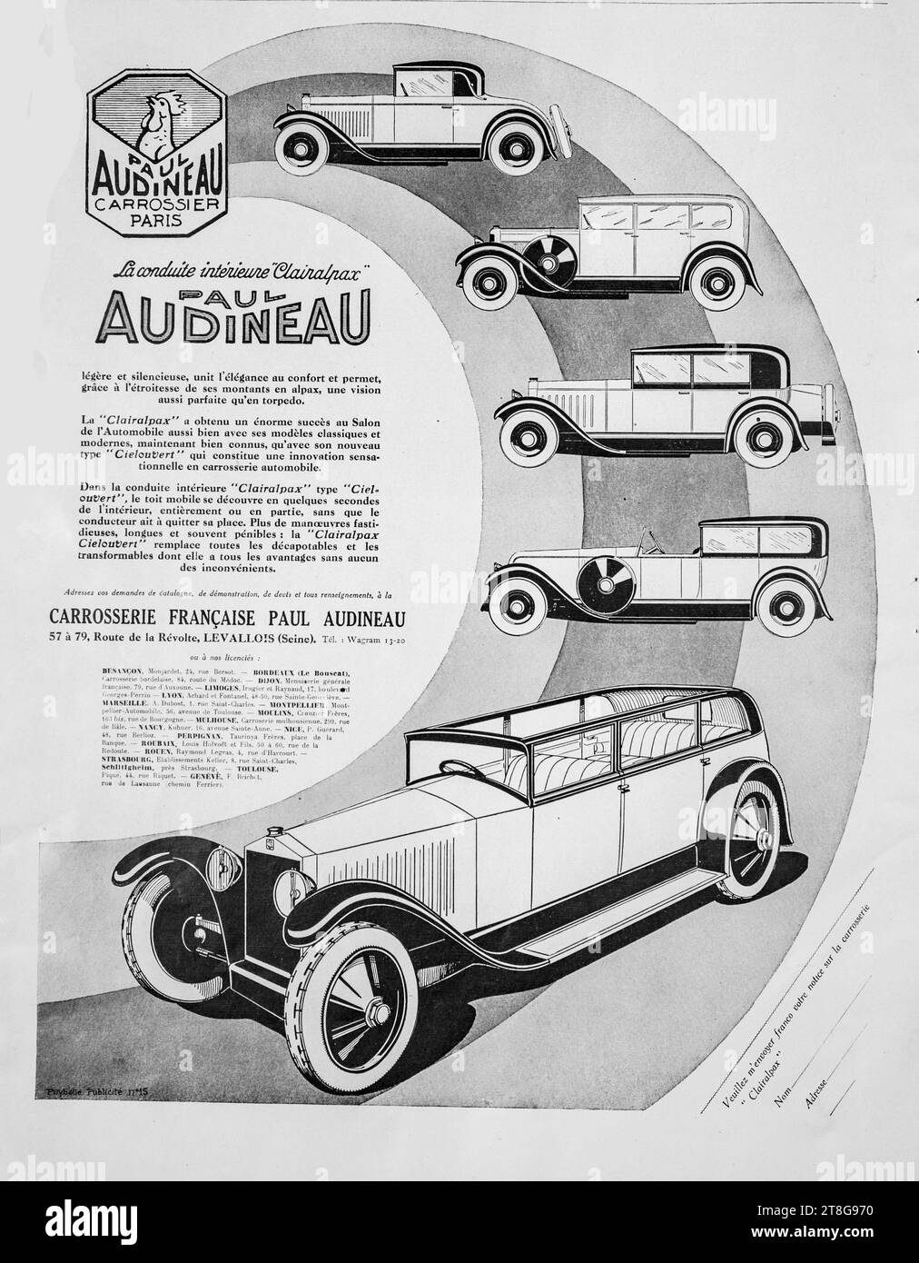 1920er Jahre Oldtimer-Werbung für Audineau-Automodelle, Collage-Werbung. Stockfoto