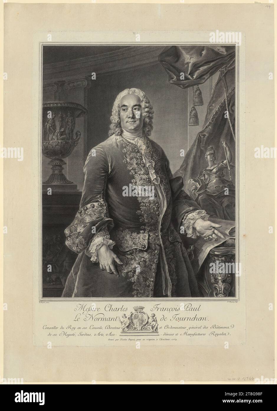 Nicolas Gabriel Dupuis (1698 - 1771)Louis Tocqué (1696 - 1772), danach, Porträt von Charles Francois Paul Le Normant de Tournehem, Herkunft des Druckmediums: 1754, Radierung und Gravur, Bogengröße: 61,0 x 44,0 cm Plattenrand: 50,8 x 34,4 cm, unten links „L. Tocquet pinx.“, signiert unten rechts „N. Dupuis Sculp.“ Und unter der Mitte Stockfoto