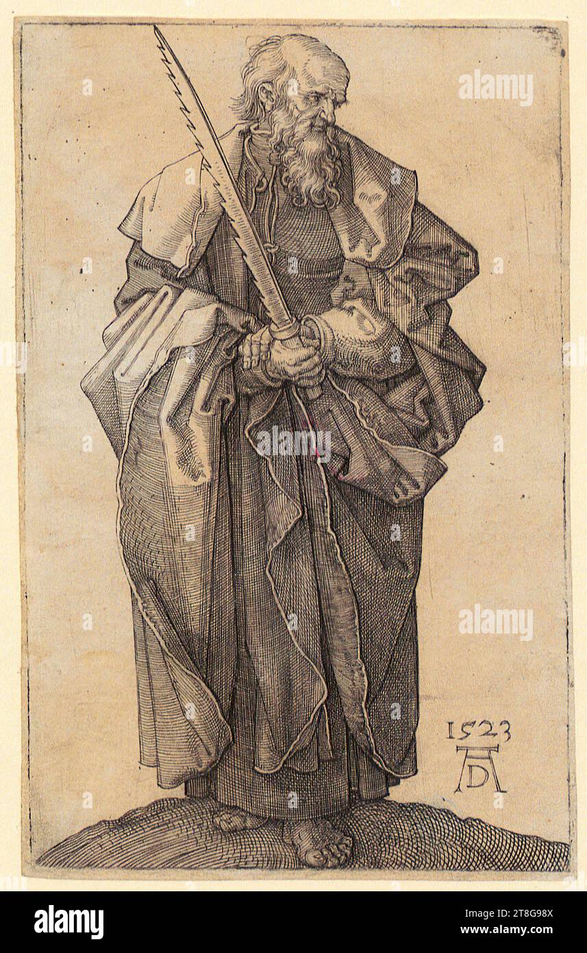 Albrecht Dürer (1471–1528), Künstler, Apostel Simon, Druckmedium Schöpfung: 1523, Kupferstich, Bogengröße: 11,8 x 7,6 cm, datiert und monogrammiert '1523, AD' unten rechts, schwarz Stockfoto
