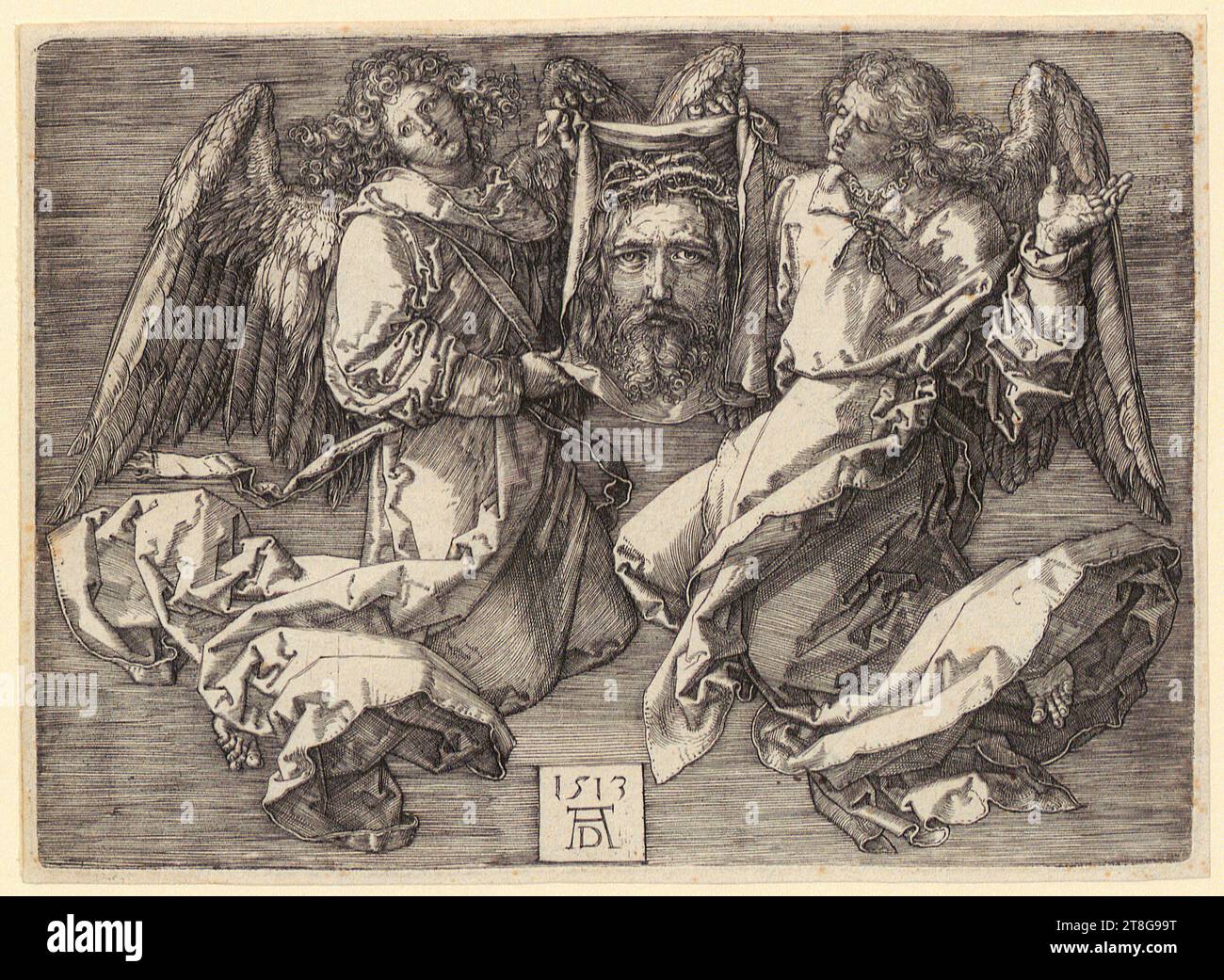 Albrecht Dürer (1471 - 1528), Künstler, Schweißtuch, gehalten von zwei Engeln, Druckmedium: 1513, Kupferstich, Bogengröße: 10,3 x 14,2 cm, datiert und monogrammiert '1513, AD' unten in der Mitte der Platte, mit Stift beschriftet und braun auf der Rückseite unten links Stockfoto