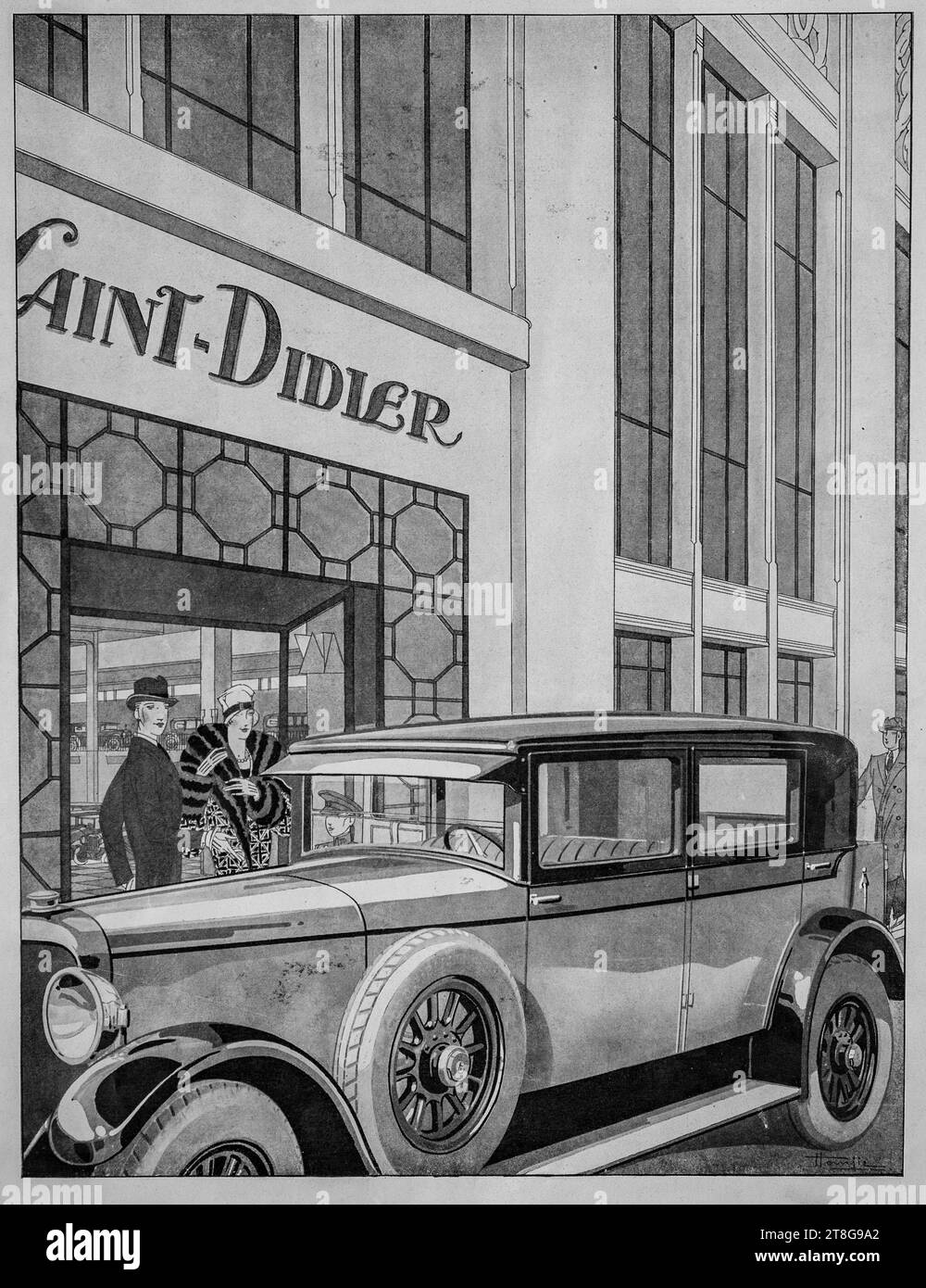 Elegantes Auto aus den 1920er Jahren vor einer französischen Boutique in einem Art déco-Image aus den 1920er Jahren. Stockfoto