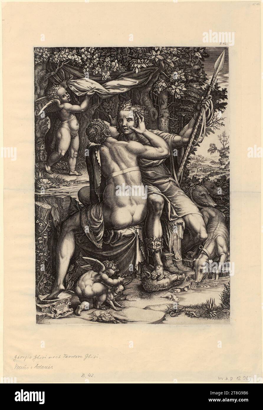 Hendrick Goltzius (1558 - 1617), Künstler, Pietà, Anonym (Datierung unbekannt), Kupferstecher Hendrick Goltzius (1558 - 1617), Kopie nach Pietà, Giorgio Ghisi (1520 - 1582), Künstler Teodoro Ghisi (1536 - 1601), Nachher, Venus und Adonis, Herkunft des Druckmediums: Ca. 1570, Stich, Bogengröße: 45. 3 x 30,0 cm (unterer Blattrand gefaltet) Plattenrand: 32,4 x 22,7 cm, links unten auf der Textplatte mit der Aufschrift „TEODORO, GHISI, IN“ und rechts davon mit dem Monogramm „G.MF“ Stockfoto
