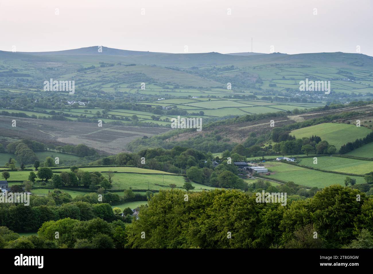 Das Tavy Valley und die westlichen Toren von Dartmoor in West Devon strahlen am Morgen. Stockfoto