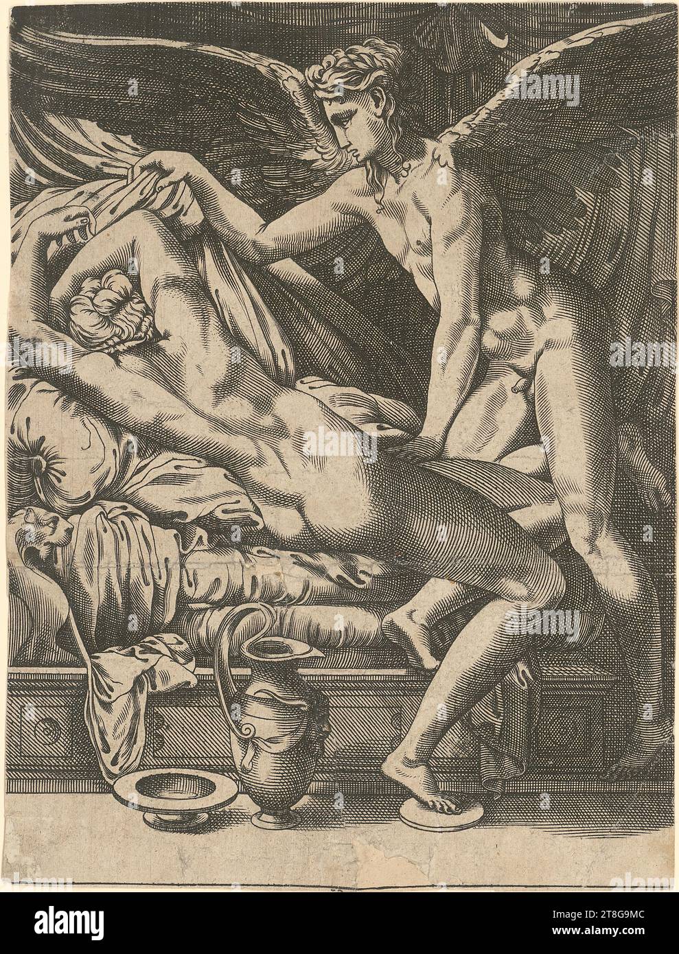 Anonym (Datum unbekannt), Künstler:in Giovanni Giacomo Caraglio (1505 um - 1565), Künstler, nach Perin del Vaga (1500 - 1547), After, Amor and Psyche, Blatt 19 der Serie 'Loves of the Gods', hergestellt von: 1520 - 1565, Kupferstich auf vergé-Papier, Bogengröße: 17,2 x 13,3 cm Stockfoto