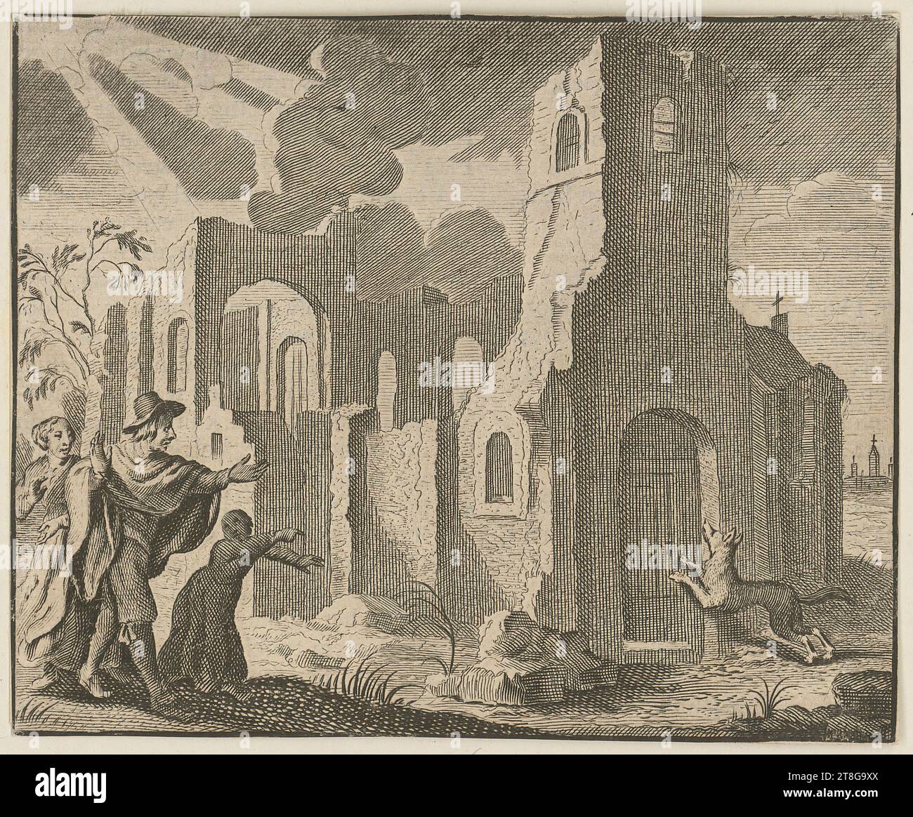 Anonym (Datum unbekannt), Künstler:in Adriaen van de Venne (1589 - 1662), danach, Landschaft mit Kirchenruinen, Figurengruppe und Fuchs, Herkunft des Drucks: Ca. 1712, Kupferplatte auf Papier vergé, dubliert, Bogengröße: 10,5 x 13,1 cm Stockfoto