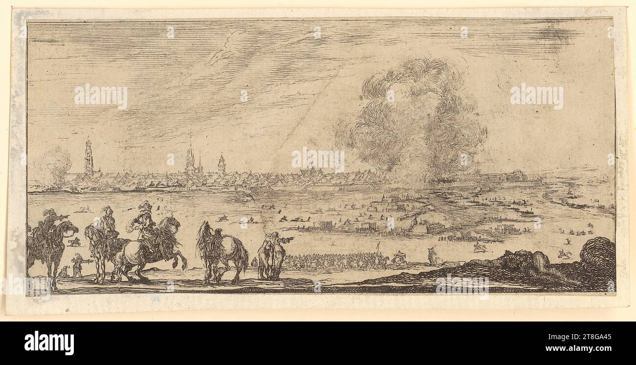 Stefano della Bella (1610–1664), Künstler Israël Henriet (1590–1661), Verleger, Kavallerie über einen Fluss, Stefano della Bella (1610–1664), Künstler Israël Henriet (1590–1661), Verleger, Angriff auf eine belagerte Stadt, Druckmedium: 1640, 1641, Ätzung auf Papier vergé, dubliert, Trägergröße: 6. 3 x 13,1 cm Blattgröße: 5,7 x 12,4 cm (auf Randlinie zugeschnitten Stockfoto