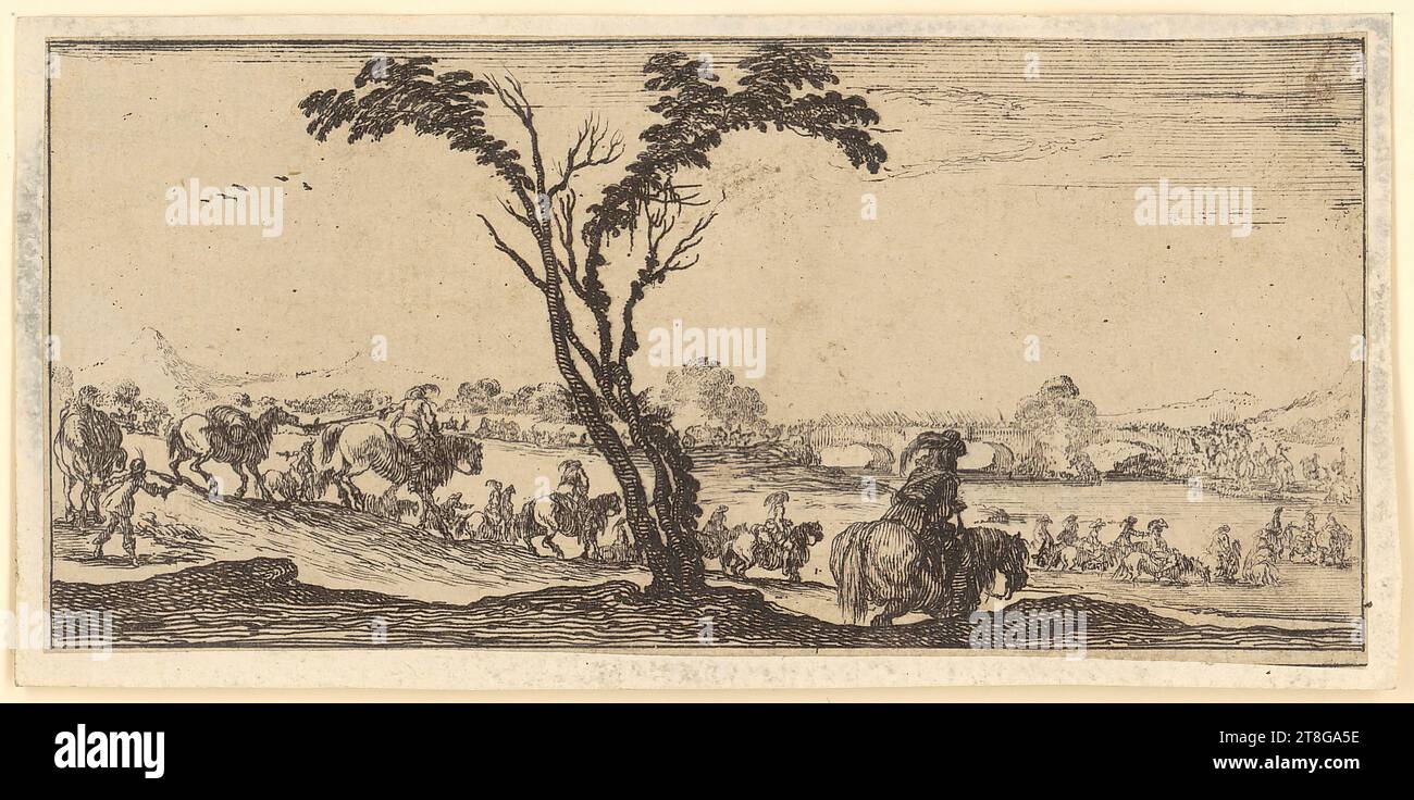 Stefano della Bella (1610 - 1664), Künstler Israël Henriet (1590 - 1661), Verlag, Kavallerie über einen Fluss, Herkunft des Druckträgers: 1640, 1641, Ätzung auf Papier vergé, dubliert, Trägergröße: 6,2 x 13,1 cm Blattgröße: 5,8 x 12,5 cm (auf Grenzlinie zugeschnitten) Stockfoto