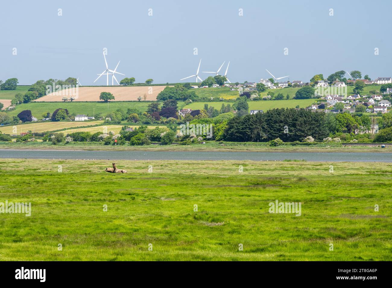 Windturbinen säumen die Hügel von North Devon oberhalb des Dorfes Ashford an der Flussmündung des River Taw, wie vom Tarka Trail aus gesehen. Stockfoto