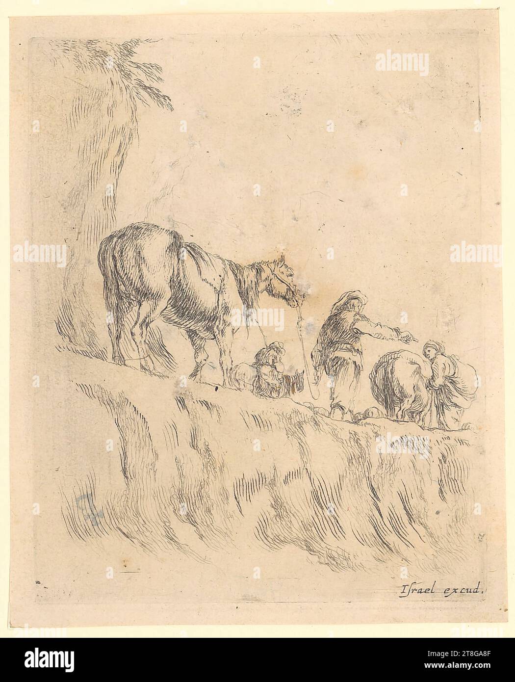 Stefano della Bella (1610 - 1664), Künstler Israël Henriet (1590 - 1661), Verleger, Bauernfrau auf einem Lasttier, Bauern und zwei Reiter, die einen Fluss überqueren, Stefano della Bella (1610 - 1664), Künstler Israël Henriet (1590 - 1661), Verleger, Bauernfrau auf einem Lasttier, Bauern und zwei Reiter, die einen Fluss überqueren, Stefano della Bella (1610–1664), Künstler Israël Henriet (1590–1661), Verleger, Soldat, der ein Pferd führt, Frau mit Pferd und Reiter auf einem Bergweg, Herkunft des Druckträgers: 1643–1648, Ätzung auf Papier vergé Stockfoto