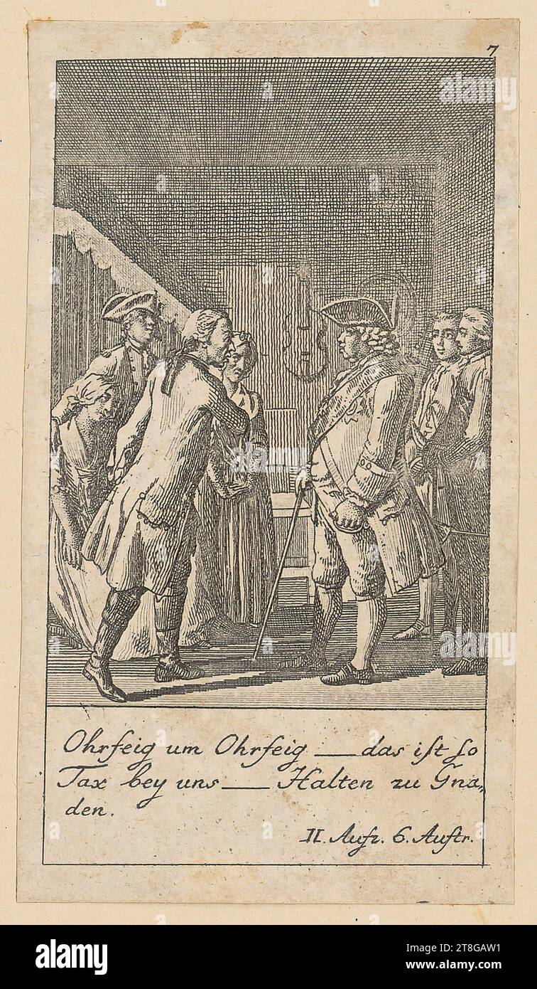 Daniel Nikolaus Chodowiecki (1726 - 1801), Künstler, Blatt 7 zu Schillers 'Cabale und Liebe', Herkunft des Druckmediums: 1785, Ätzung auf vergé-Papier, Bogengröße: 9,8 x 5,7 cm (in Plattenark geschnitten)' Feld 3 rechts oben mit '7' nummeriert; unten steht 'Ohrfeig um Ohrfeig    das ist so, Tax bey uns    Halt Stockfoto