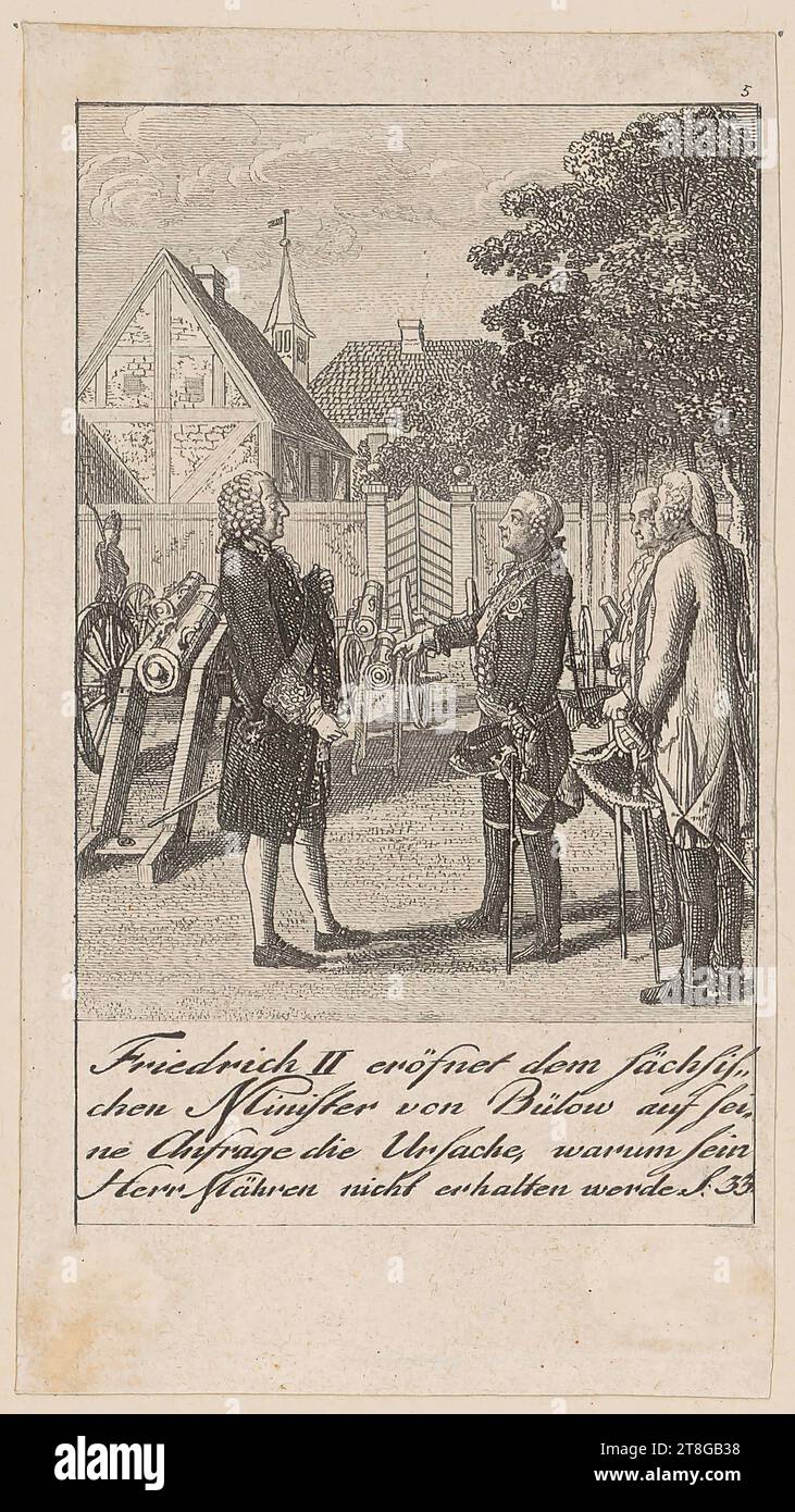 Daniel Nikolaus Chodowiecki (1726 - 1801), Künstler, Friedrich II. Öffnet dem sächsischen Minister von Bülow auf seine Bitte den Grund, warum sein Meister Mähren nicht empfangen wird, Herkunft des Druckmediums: 1793, Ätzung auf Papier vergé, Bogengröße: 10,4 x 5,8 cm (Plattenrand zugeschnitten)' Feld 3 nummeriert '5' oben rechts; unten steht 'Friedrich II eröfnet dem sächsis...., ch Minister of Stockfoto