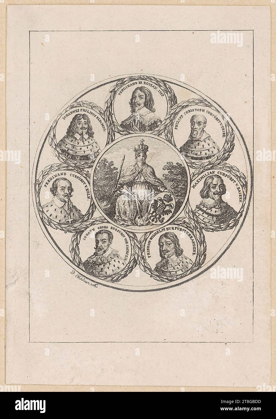 Daniel Nikolaus Chodowiecki (1726 - 1801), Künstler, Germania mit den Porträts Kaiser Ferdinands III. Und sechs Kurfürsten aus der Zeit des 30-jährigen Krieges, Druckmedium: Ca. 1801, Ätzung auf gewebtem Papier, Bogengröße: 10,8 x 7,6 cm (in Plattenark geschnitten)' Field3 Porträts jeweils eingeschrieben; unten links signiert 'D: Chodowiecki.', rot Stockfoto Daniel Nikolaus Chodowiecki (1726 - 1801), Künstler, Germania mit den Porträts Kaiser Ferdinands III. Und sechs Kurfürsten aus der Zeit des 30-jährigen Krieges, Druckmedium: Ca. 1801, Ätzung auf gewebtem Papier, Bogengröße: 10,8 x 7,6 cm (in Plattenark geschnitten)' Field3 Porträts jeweils eingeschrieben; unten links signiert 'D: Chodowiecki.', rot Stockfoto